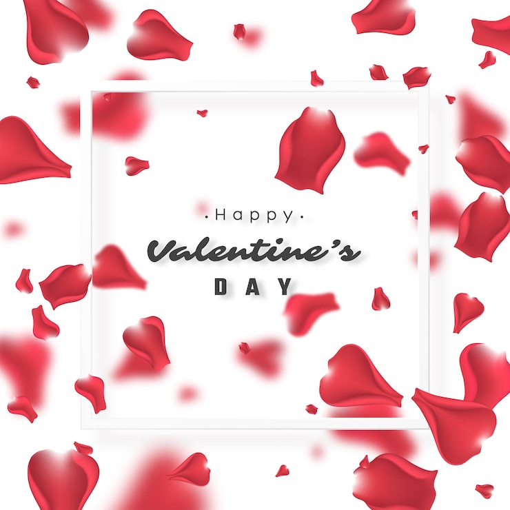 Vector valentine's day holiday . flying flying pink rose petals with blur effect, white frame.
