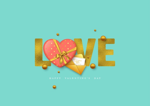 Vector valentine's day holiday . glitter word love with foil effect, 3d heart and greeting card with envelope.