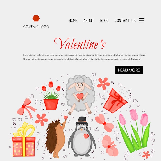 Valentine's Day home page template. Cartoon style. Vector illustration.