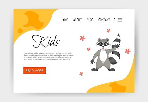 Modello di home page di san valentino con procione carino. stile cartone animato. illustrazione vettoriale.
