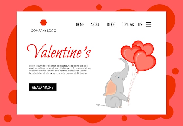 Modello di home page di san valentino con elefante. stile cartone animato. illustrazione vettoriale.