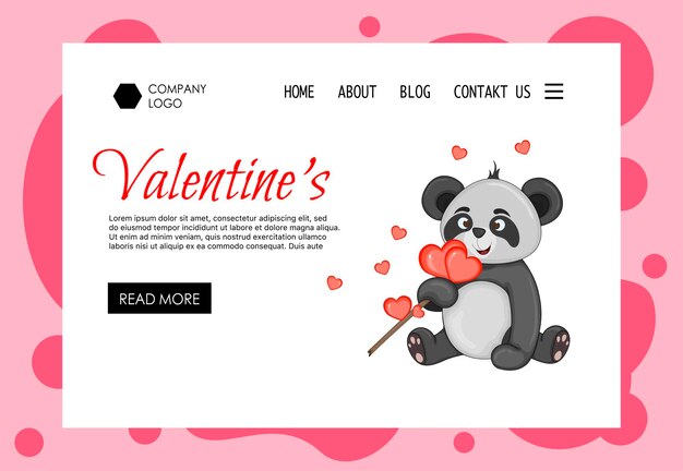 Valentine's Day home page template with panda. Cartoon style. Vector illustration.