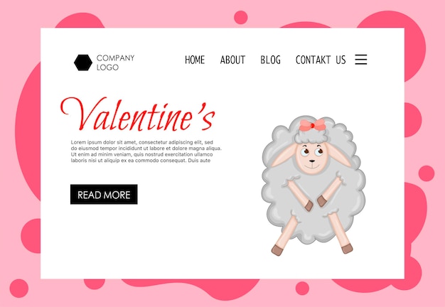 Шаблон домашней страницы Дня святого Валентина с овцами. Мультяшный стиль. Векторная иллюстрация.
