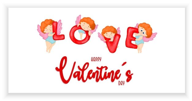 Valentine's day horizontal banner with angels word love Happy love day
