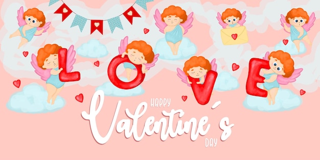 Valentine's day horizontal banner with angels word loveHappy love day