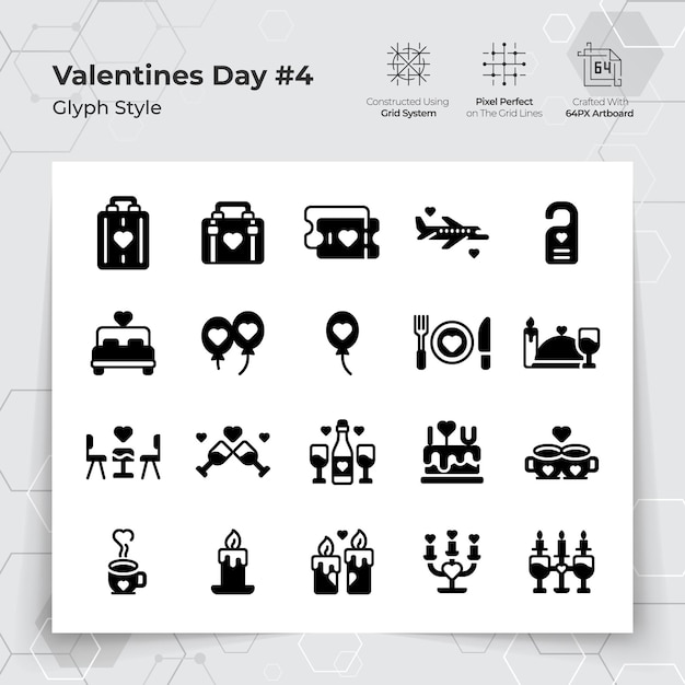 Valentine's day icons set in glyph black fill style with holiday travelling and dinner themed.