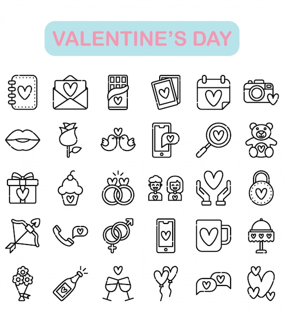 Valentine's day icons set, outline style premium