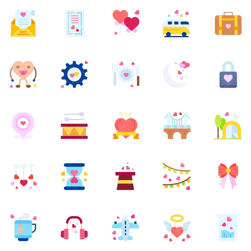 バレンタインデー アイコン テディベア文字リング ダイヤモンド ハート ローズとギフト ベクトル イラスト | プレミアムベクター