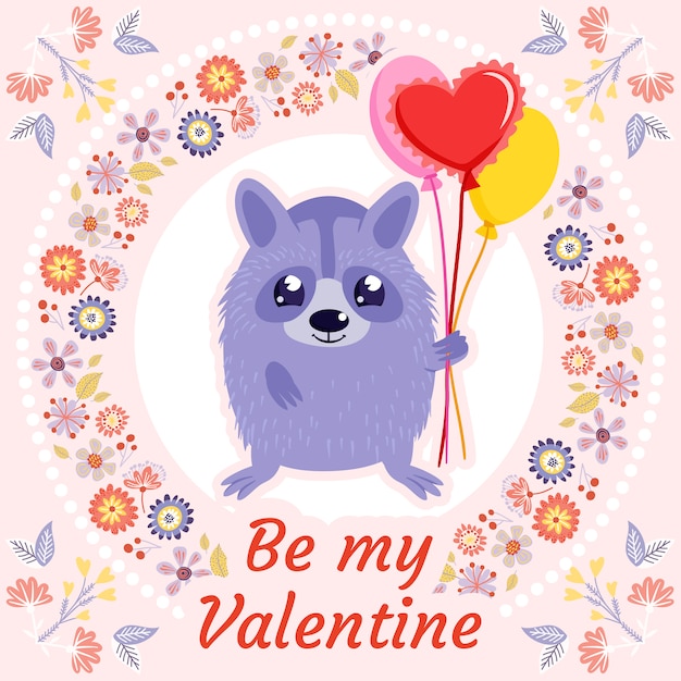 Vector valentine's day illustration with racoon, balloons and wreath