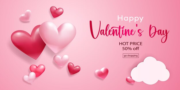 Valentine's day illustration with red hearts and paper clouds on pink background