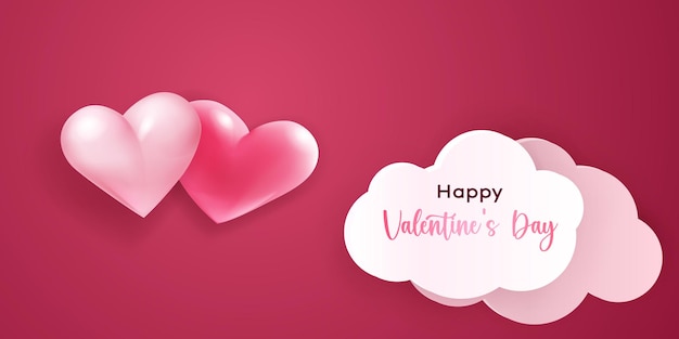 Valentine's day illustration with voluminous hearts and paper clouds on red background