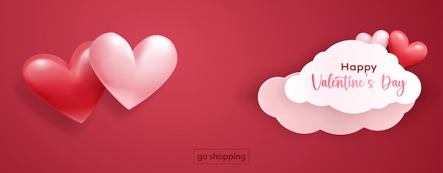 Valentine's Day illustration with voluminous hearts and paper clouds on red background