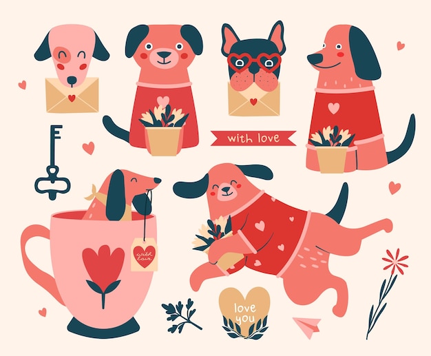 Valentine's Day illustrations in cartoon romantic style. Cute happy dog characters, puppies, hearts.