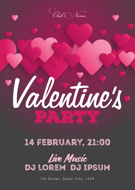 Vettore volantino di invito per san valentino. il modello per il club, serate musicali. discorso di musicisti, dj. festa festiva notturna. sfondo con cuori. illustrazioni vettoriali.