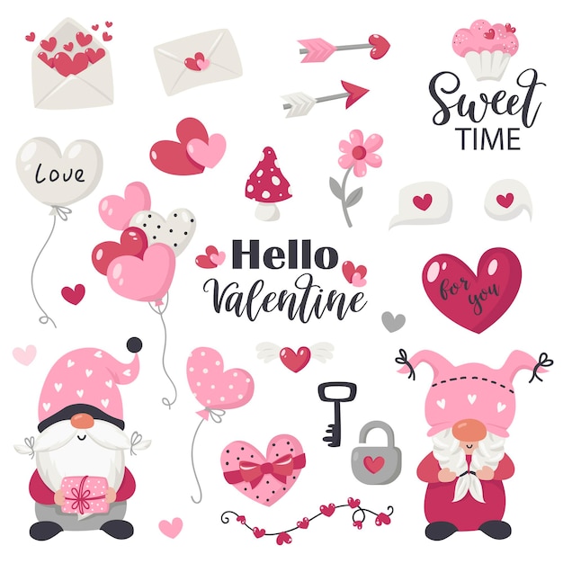 Предметы Дня святого Валентина и коллекция гномов. иллюстрация для поздравительных открыток, рождественских приглашений и футболок