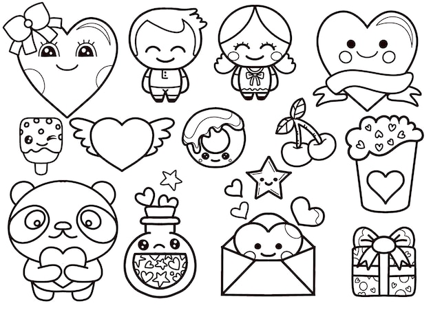 Valentine's day kawaii icons set