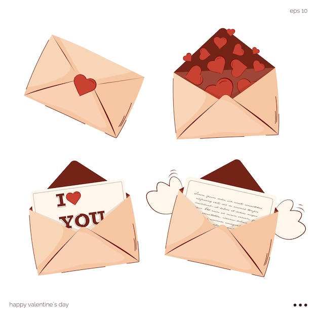 Valentine's Day letter icons. A set of stickers for Valentine's Day. Letter, love, wings,recognition