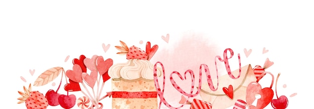 Vector valentine's day love and strawberry cake watercolor banner