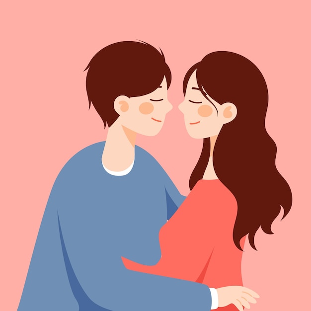 Valentine's day lovers kiss with bouquet and plants in background vector illustration