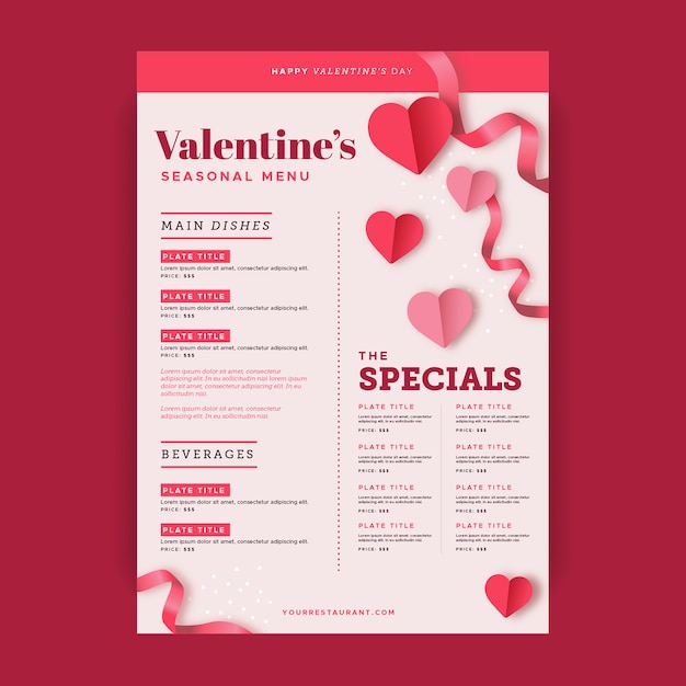 Modello di menu di san valentino