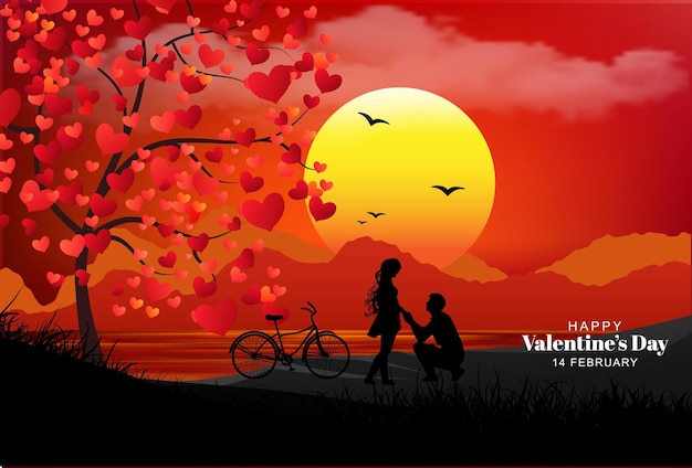 Valentine's Day Nature Evening Sunset Background with Romantic Cute Love Couple and Heart Tree