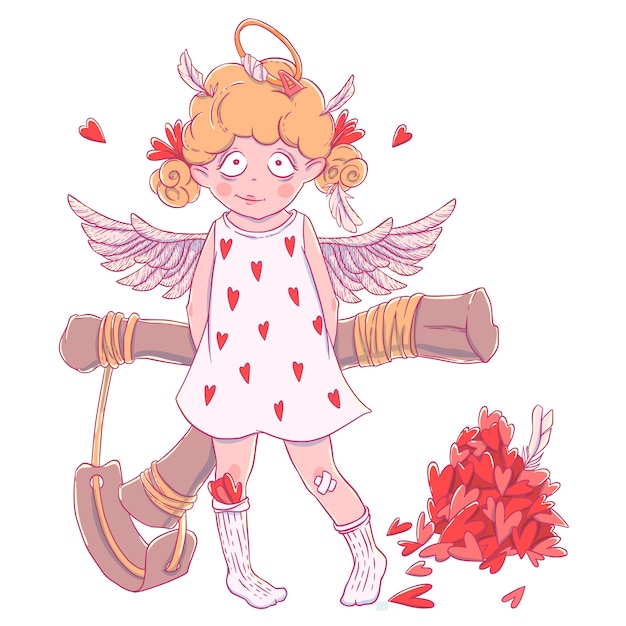 Vector valentine's day. naughty cute curly cupid-girl with slingshot behind her back, wings and halo.