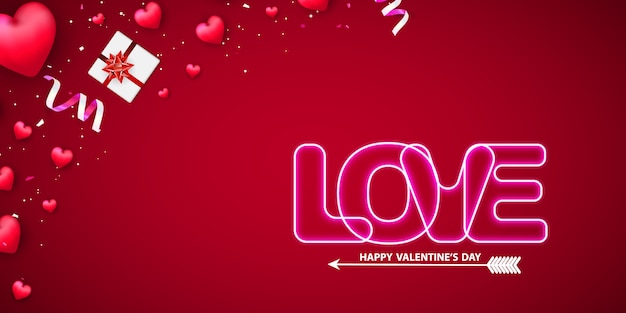 Valentine's day neon text on background.