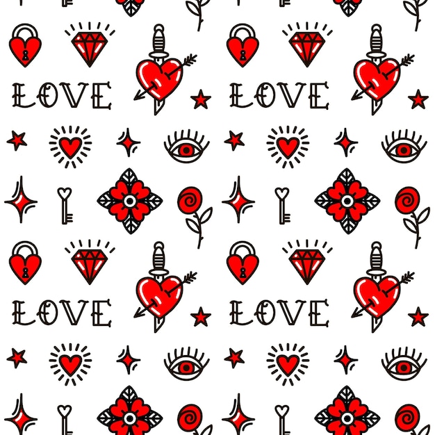 Valentine's Day in old school style seamless pattern. Vector illustration. Design For Valentine's Day, Stilts, Wrapping Paper, Packaging, Textiles