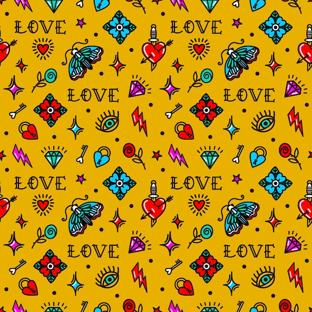 Valentine's day in old school style seamless pattern. vector illustration. design for valentine's day, stilts, wrapping paper, packaging, textiles