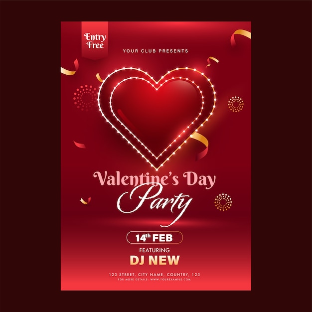 赤い色のイベントの詳細とバレンタインデーのパーティーチラシのデザイン