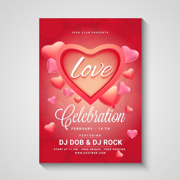 Valentine's day party flyer design with heart shape frame and balloons.