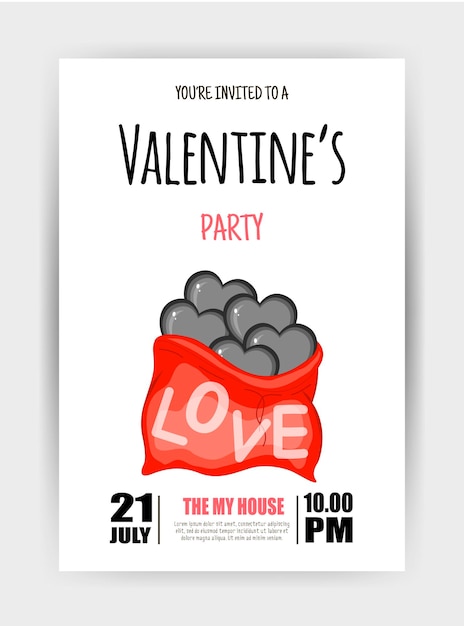 Valentine's day party flyer vector illustration with cartoon illustration of a bag of hearts