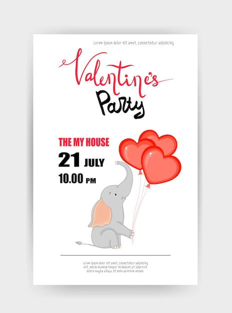 Флаер для вечеринки в честь Дня святого Валентина Векторная иллюстрация С карикатурной иллюстрацией автомобиля со слоном