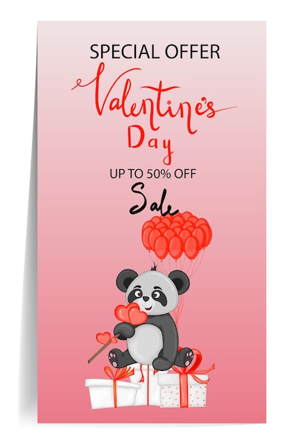 Valentine's Day party flyer Vector illustration With cartoon panda illustration