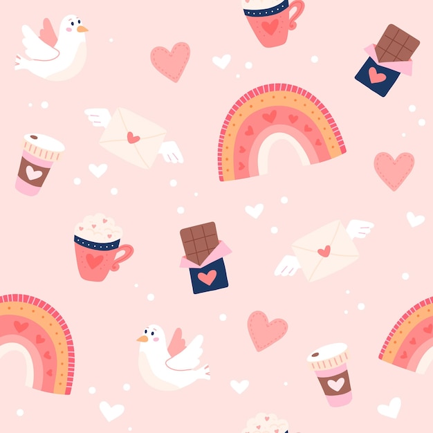 Valentine s day pattern with cute hearts rainbows and gifts hand drawn vector illustration