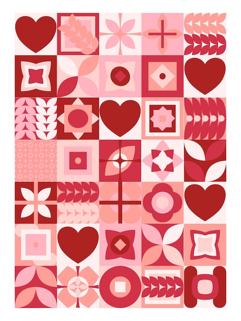 Valentine's day pattern with geometric pattern and red hearts