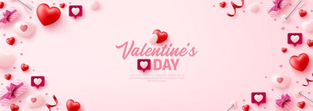 Poster o banner di san valentino per il sito web di social media con cuori dolci ed elementi di san valentino sul rosa.