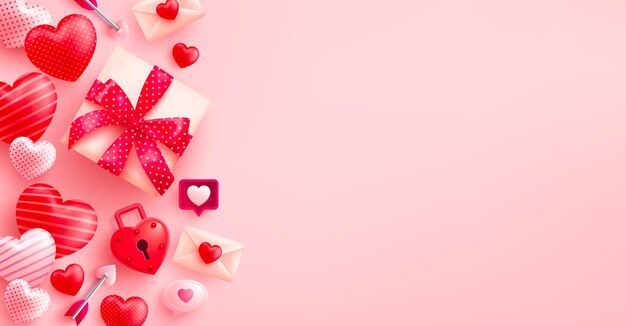 Valentine's Day Poster with cute heart and Valentines day gift box on pink background