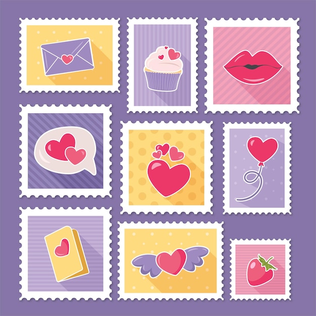 Collection creative post stamps with cats, fruits, roller skates, love  lollipop. Cute stamp vector illustration for using on envelopes. Mail and  post office conceptual drawing 26346728 Vector Art at Vecteezy