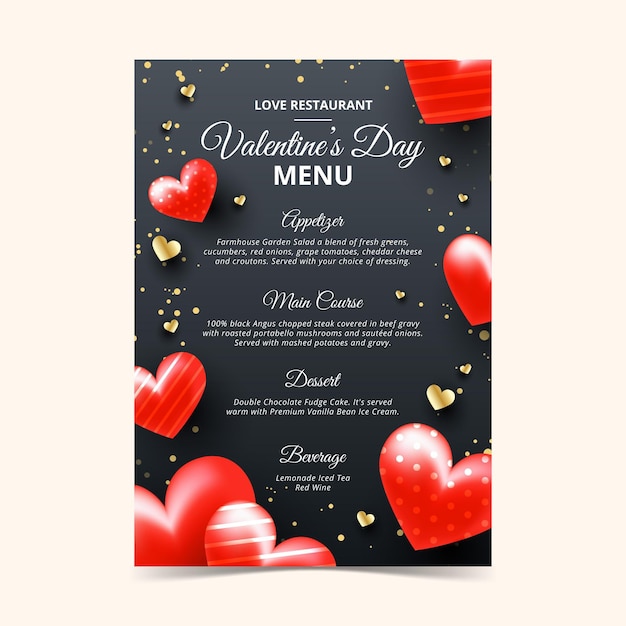 Vettore modello di menu realistico di san valentino