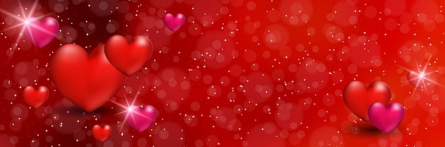 Modello di banner sfocato rosso di san valentino. sfondo sfocato rosso con cuori ed effetti di luce
