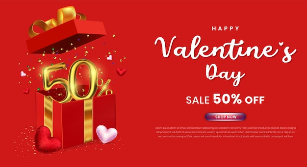 Valentine's day sale 50 percent off promotion or shopping template with a gift box and 3d number