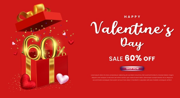 Valentine's day sale 60 percent off promotion or shopping template with gift box and 3d number