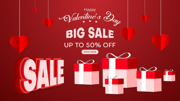 Valentine's day sale banner background with realistic podium, gift box and heart object