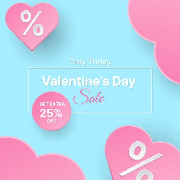 Valentine's day sale banner design template with realistic pink paper cut hearth shapes.vector illustration