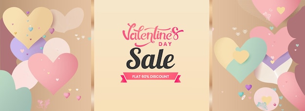 Valentine's day sale banner or header design and colorful paper heart shapes background