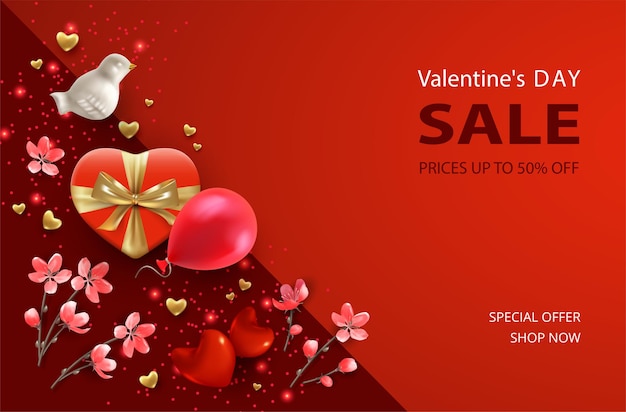 Valentine's day sale banner. Realistic Valentine's Day attributes and symbols