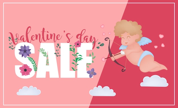 Valentine's day sale banner. small cupid with an arrow. vector.