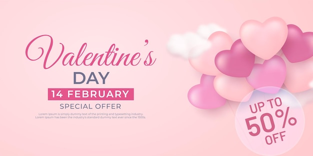 Banner di vendita di san valentino per sito web di social media con palloncini cuori dolci