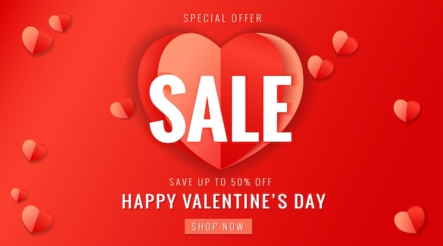 Vector valentine's day sale banner with 3d red heart. valentine's day special offer card.